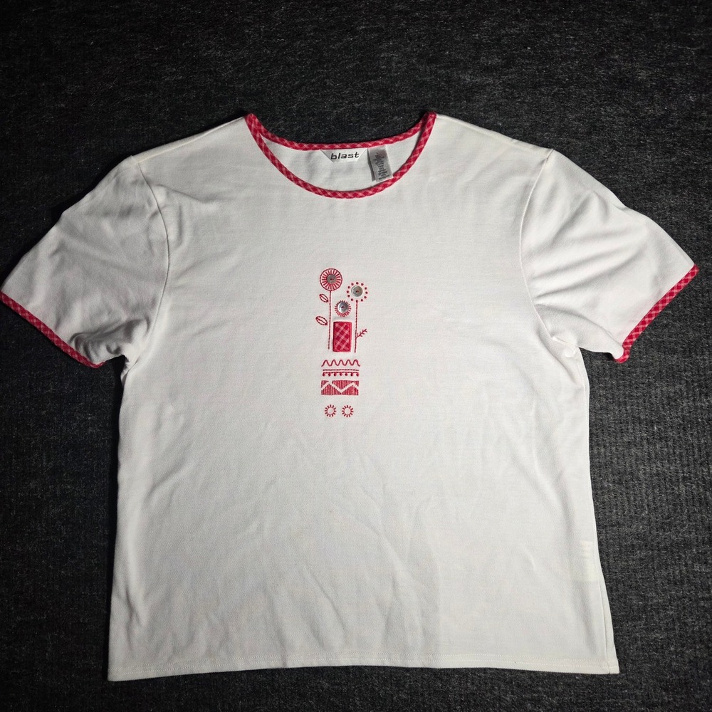 Blast White Short Sleeve Top Red Embroidered Floral Button (H12)